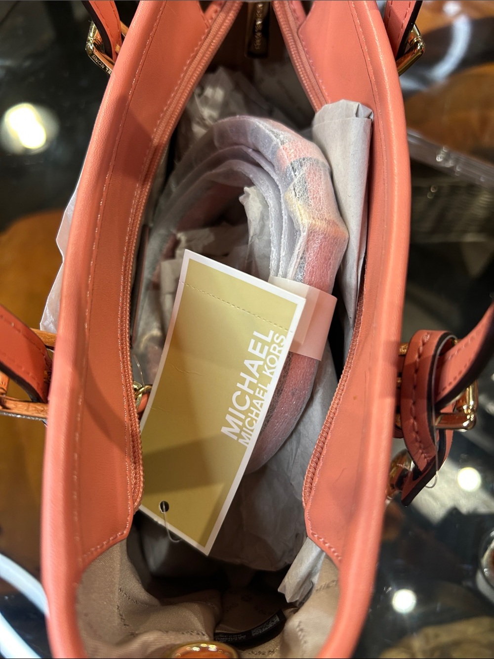 Michael Kors Coral Pink Jet Set MK Embossed Leather Tote 8.5”x 4”x 7.5” NWT - Picture 5 of 6